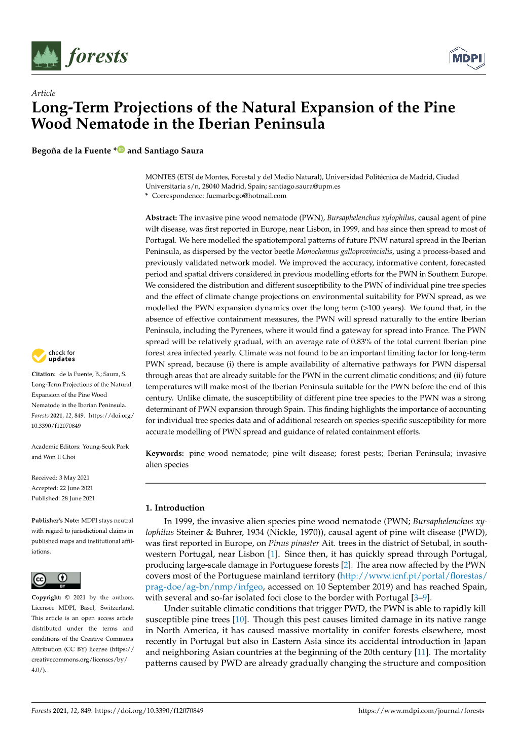 Long-Term Projections of the Natural Expansion of the Pine Wood Nematode in the Iberian Peninsula