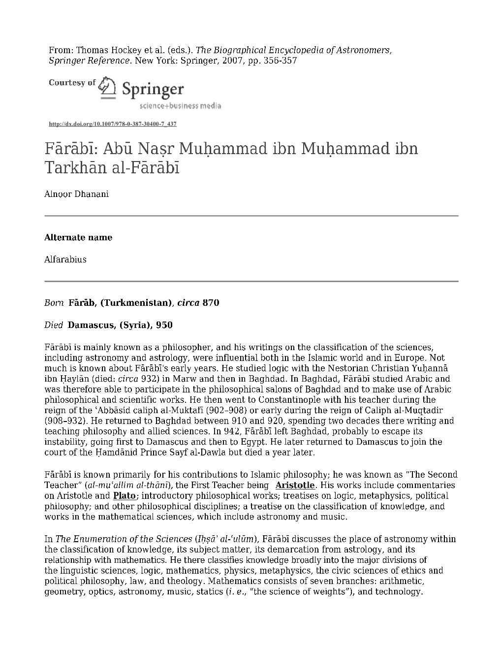 Fārābī: Abū Naṣr Muḥammad Ibn Muḥammad Ibn Tarkhān Al‐Fārābī