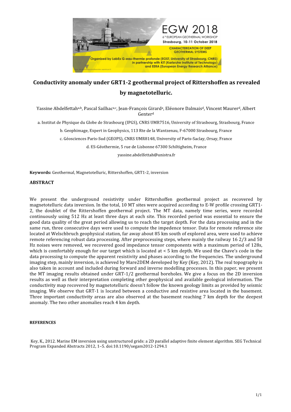 Conductivity Anomaly Under GRT1-2 Geothermal Project of Rittershoffen As Revealed by Magnetotelluric