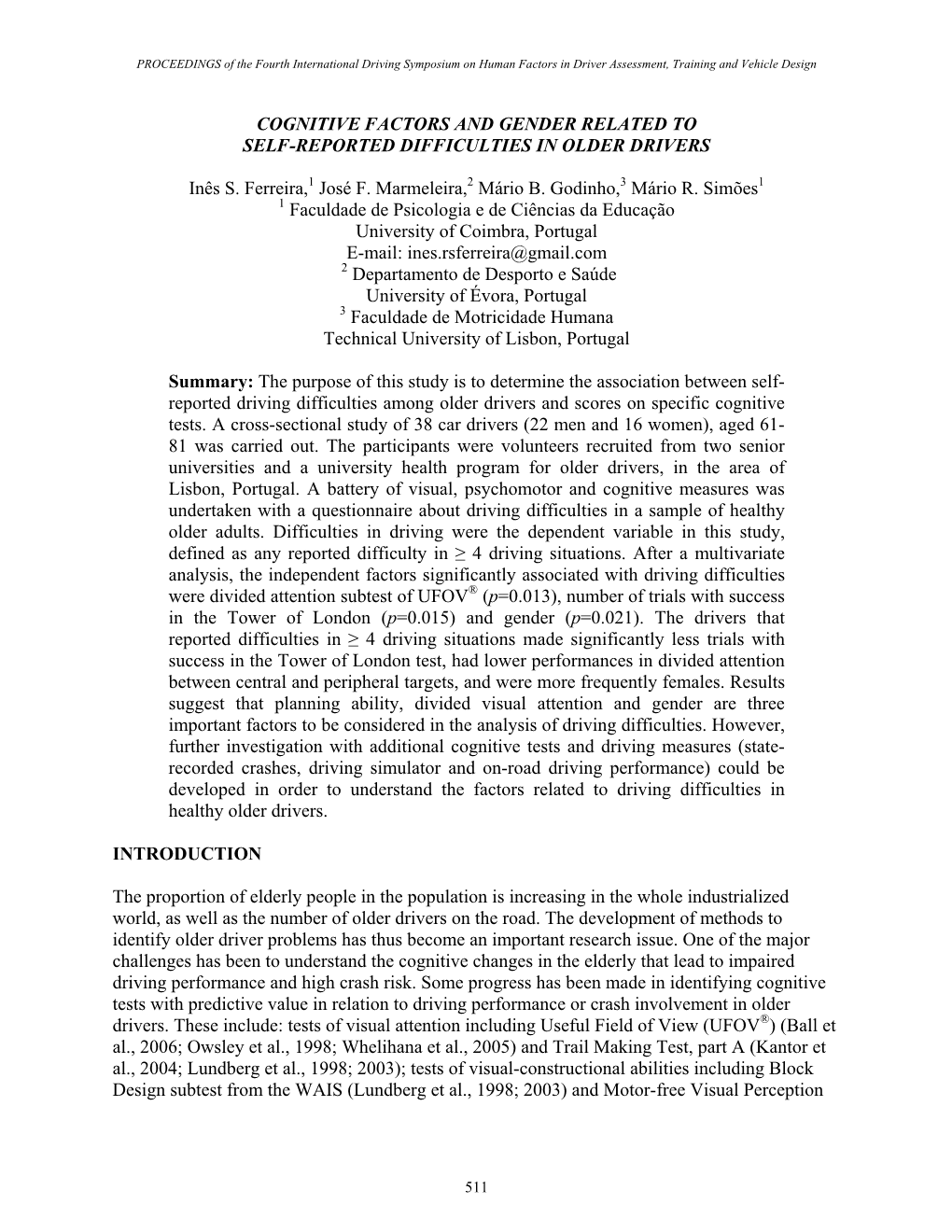 Cognitive Factors and Gender Related to Self-Reported Difficulties in Older Drivers