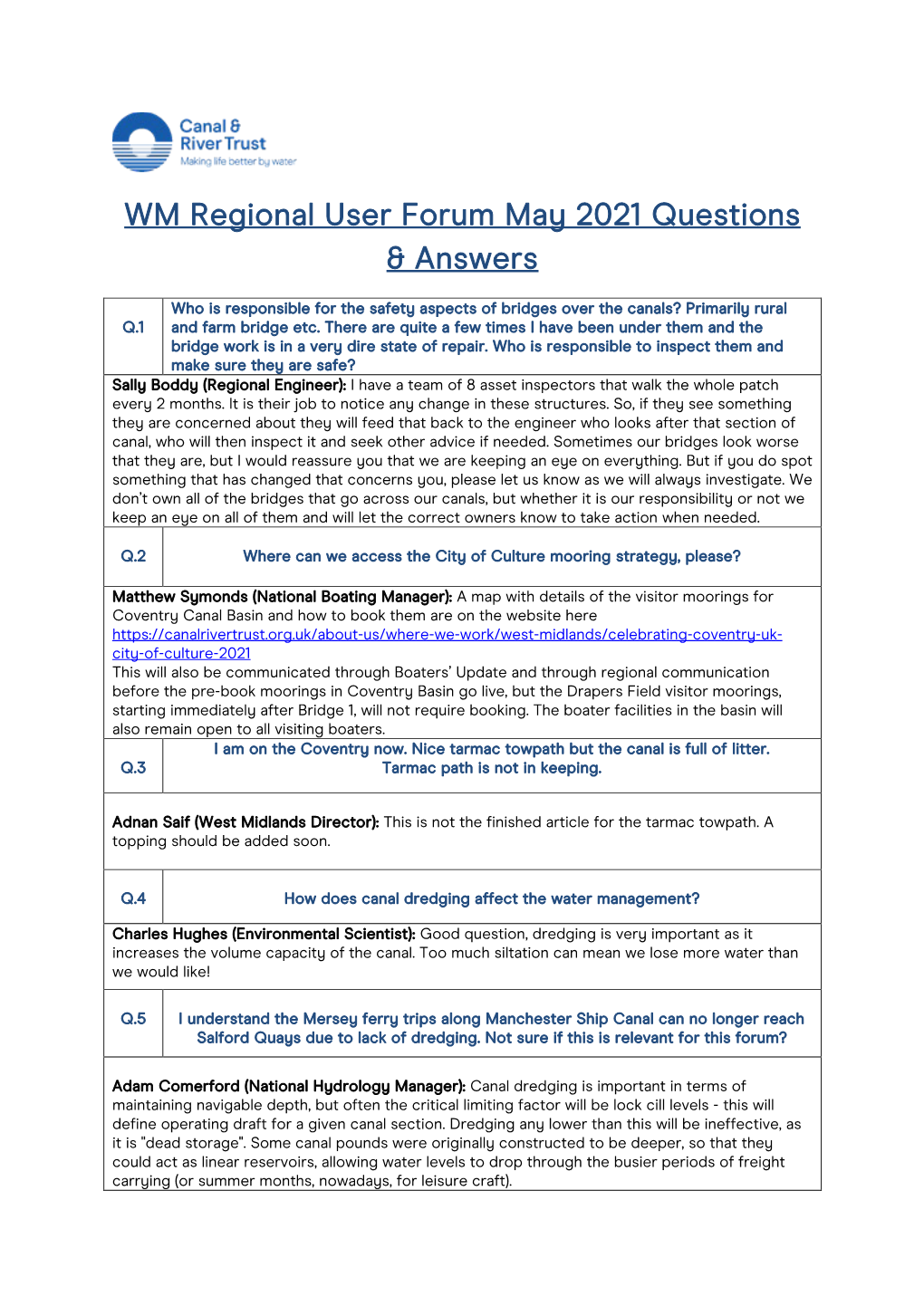 WM Regional User Forum May 2021 Questions & Answers