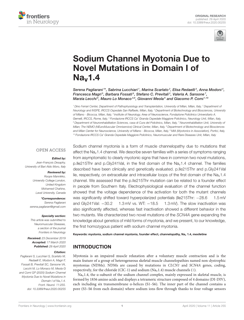 Sodium Channel Myotonia Due to Novel Mutations in Domain I of Nav1.4