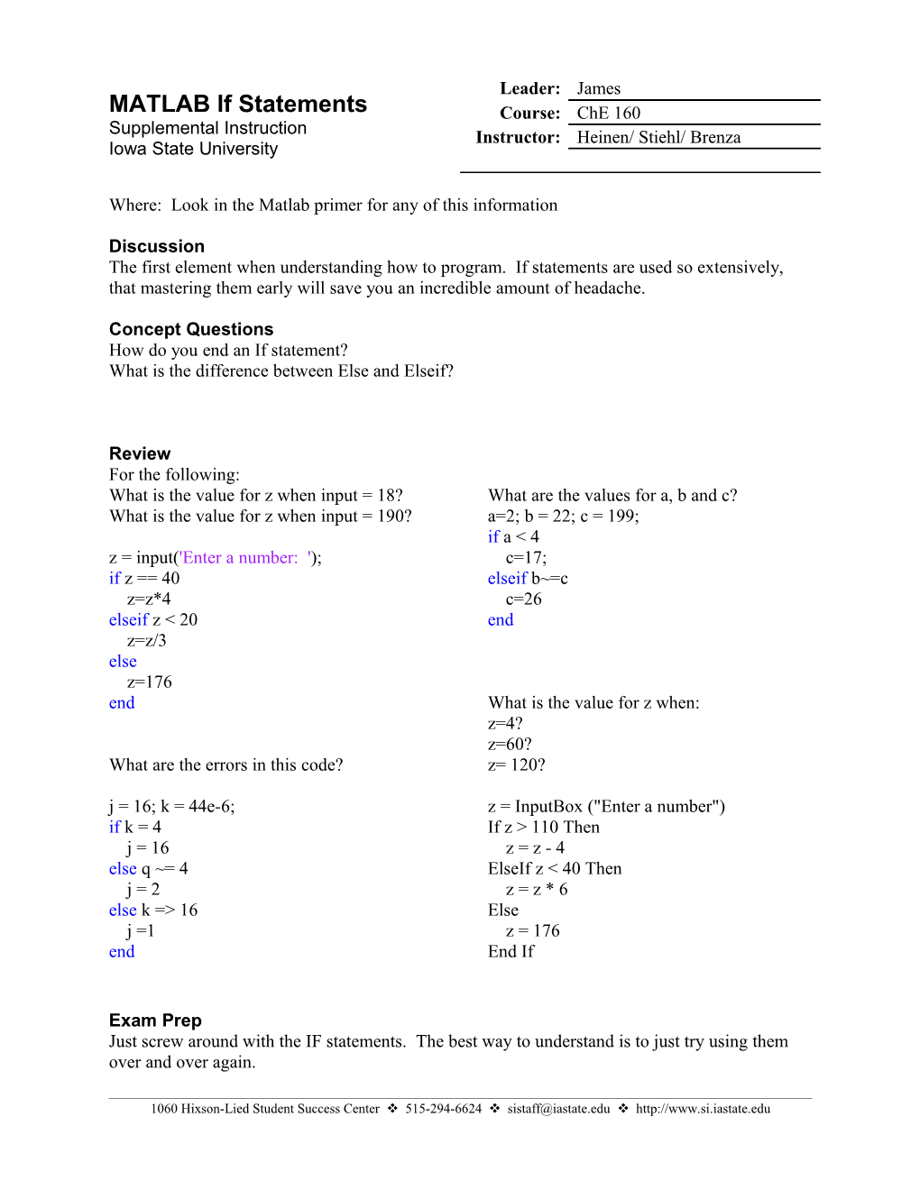 Where: Look in the Matlab Primer for Any of This Information