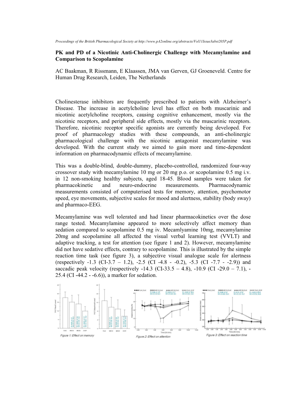 PK and PD of a Nicotinic Anti-Cholinergic Challenge with Mecamylamine and Comparison to Scopolamine