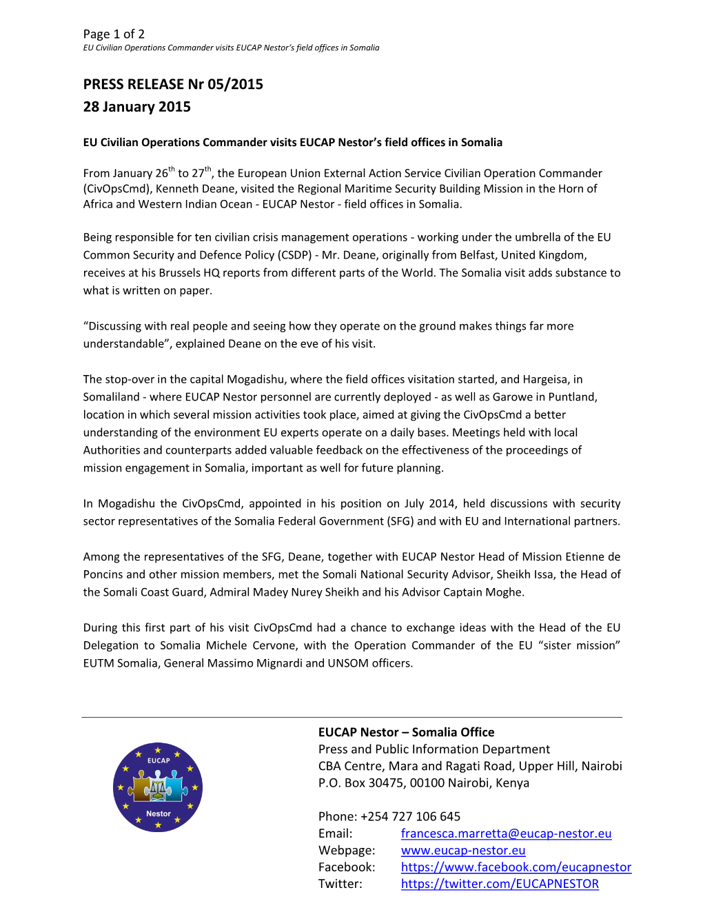 Page 1 of 2 EU Civilian Operations Commander Visits EUCAP Nestor‘S Field Offices in Somalia