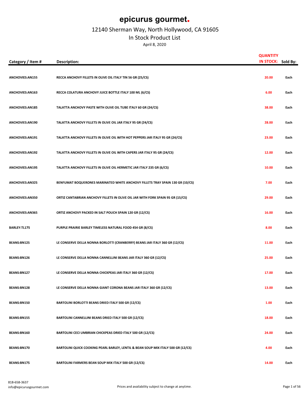 In Stock Product List April 8, 2020