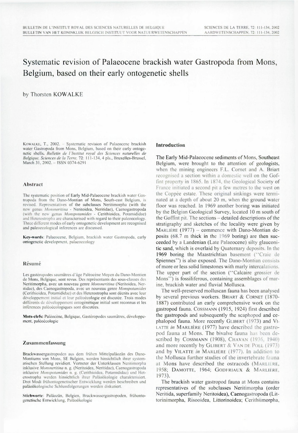 Systematic Revision of Palaeocene Brackish Water Gastropoda from Mons, Belgium, Based on Their Early Ontogenetic Shells