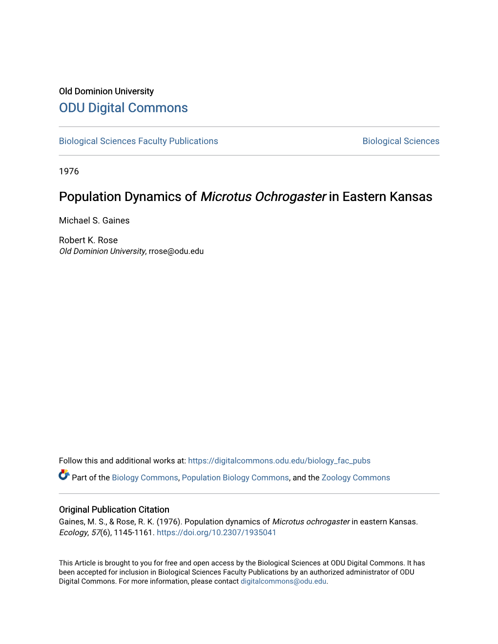 Population Dynamics of <I>Microtus Ochrogaster</I>