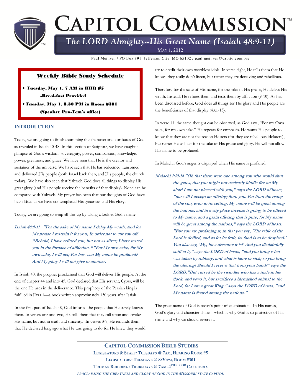 The LORD Almighty--His Great Name (Isaiah 48:9-11) MAY 1, 2012 Paul Meinsen / PO Box 891 , Jefferson City, MO 65102 / Paul.Meinsen@Capitolcom.Org