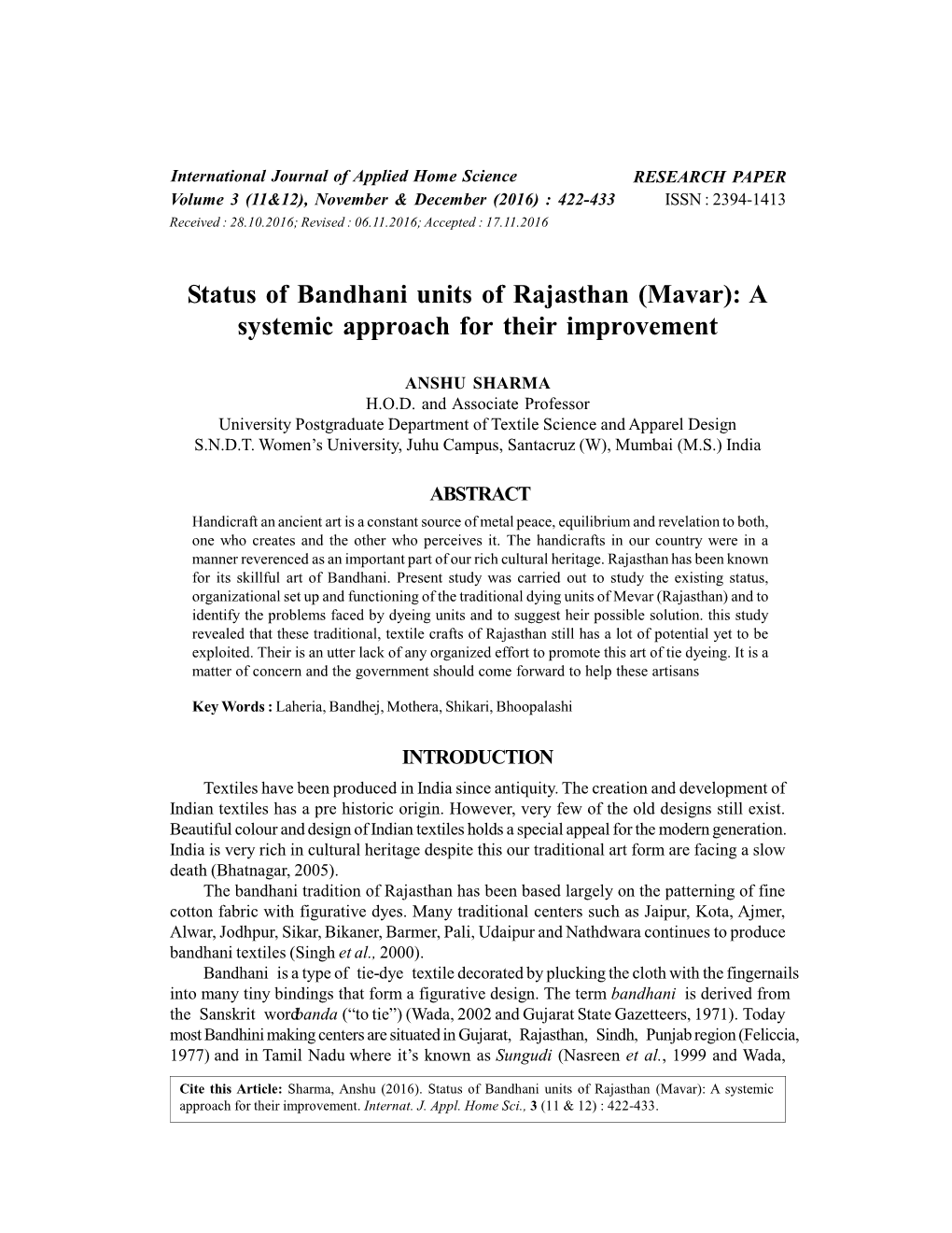 Status of Bandhani Units of Rajasthan (Mavar): a Systemic Approach for Their Improvement