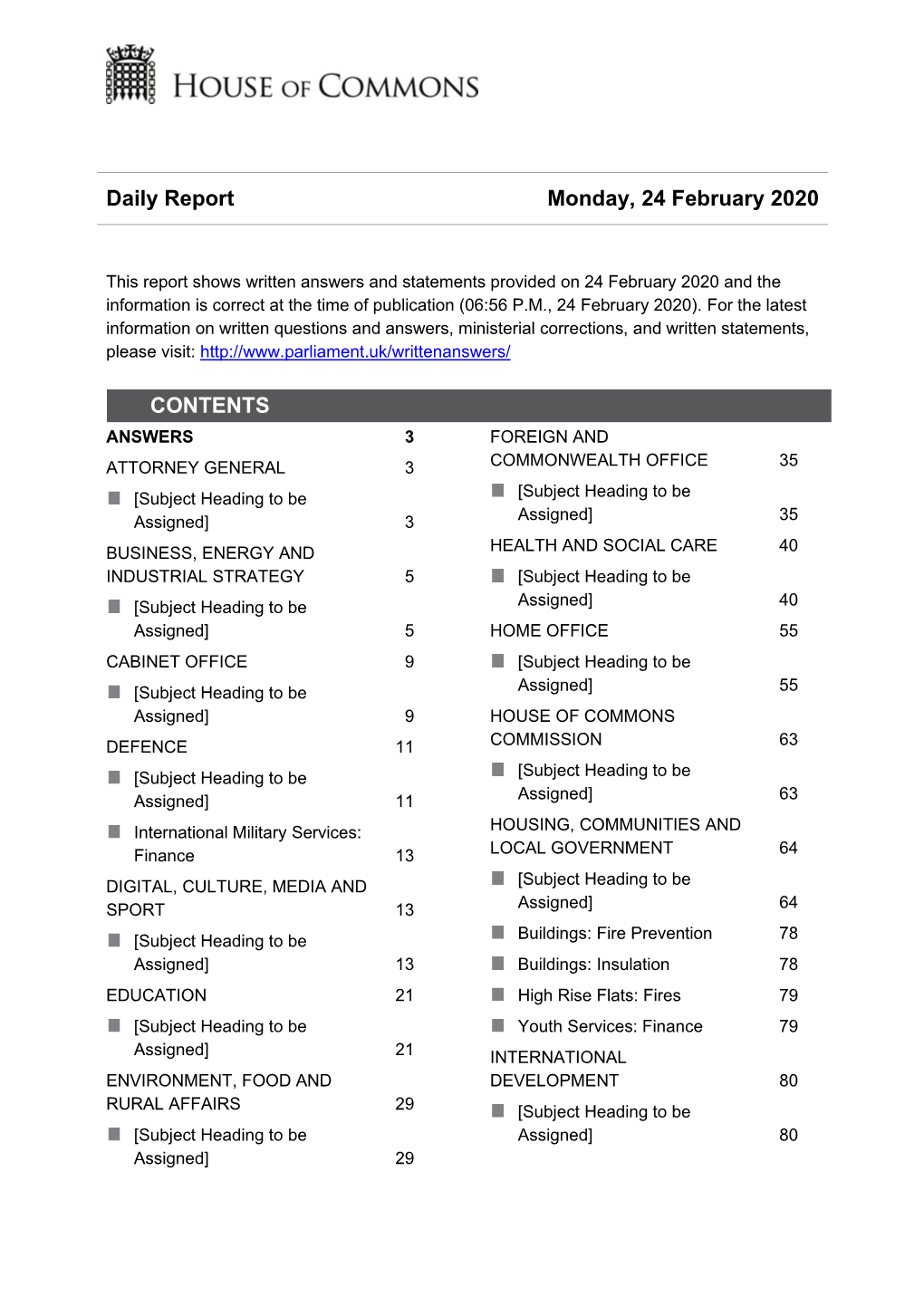 Daily Report Monday, 24 February 2020 CONTENTS