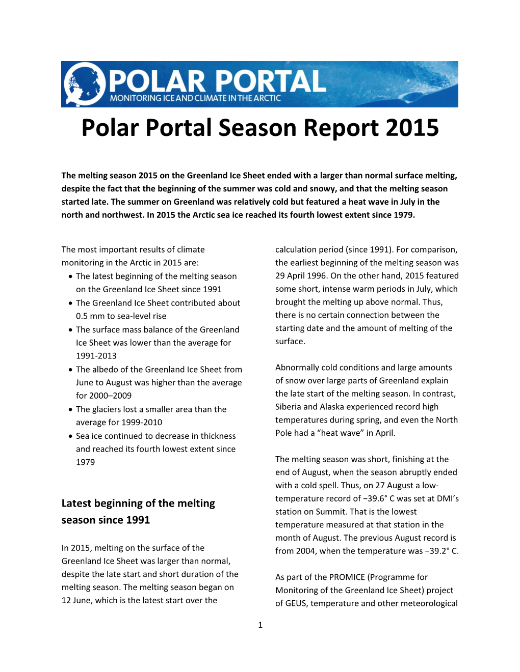 Polar Portal Season Report 2015