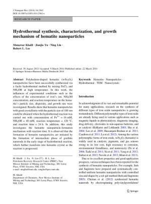 Hydrothermal Synthesis, Characterization, and Growth Mechanism of Hematite Nanoparticles