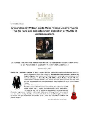 Ann and Nancy Wilson Set to Make “These Dreams” Come True for Fans and Collectors with Collection of HEART at Julien’S Auctions