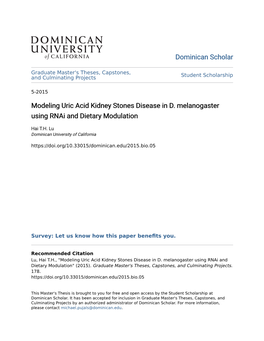 Modeling Uric Acid Kidney Stones Disease in D. Melanogaster Using Rnai and Dietary Modulation