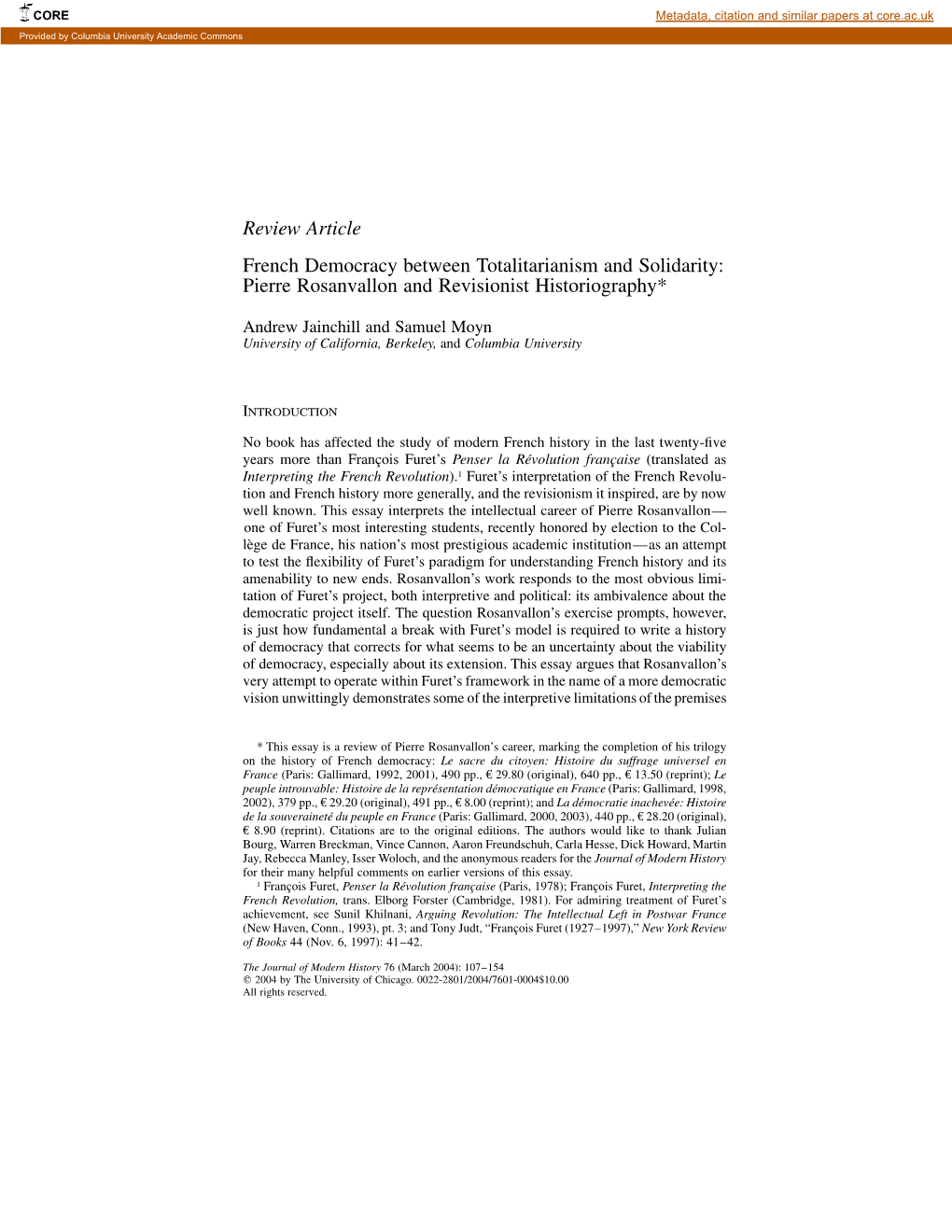 Review Article French Democracy Between Totalitarianism and Solidarity: Pierre Rosanvallon and Revisionist Historiography*