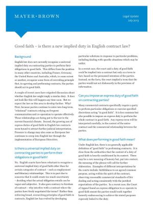 Good Faith – Is There a New Implied Duty in English Contract Law?