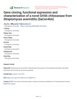 Gene Cloning, Functional Expression and Characterization of a Novel GH46 Chitosanase from Streptomyces Avermitilis (Sacsn46a)