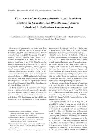 First Record of Amblyomma Dissimile (Acari: Ixodidae) Infesting the Granular Toad Rhinella Major (Anura: Bufonidae) in the Eastern Amazon Region