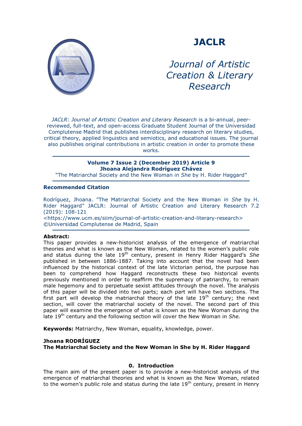 JACLR Journal of Artistic Creation & Literary Research