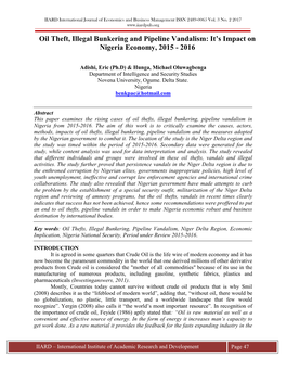 Oil Theft, Illegal Bunkering and Pipeline Vandalism: It’S Impact on Nigeria Economy, 2015 - 2016