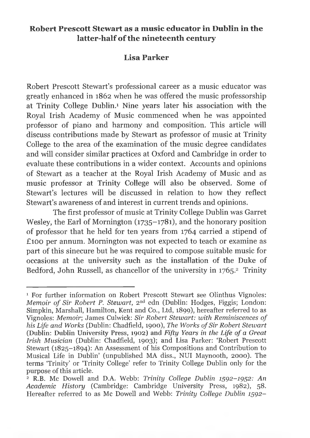 Robert Prescott Stewart As a Music Educator in Dublin in the Latter-Half of the Nineteenth Century