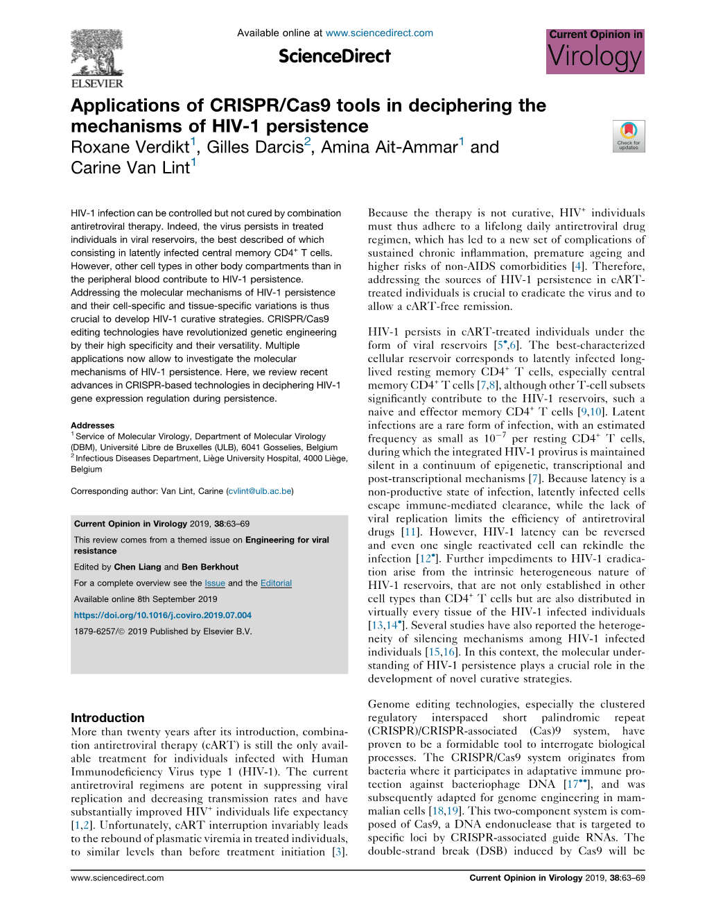 Applications of CRISPR/Cas9 Tools in Deciphering the Mechanisms of HIV-1 Persistence