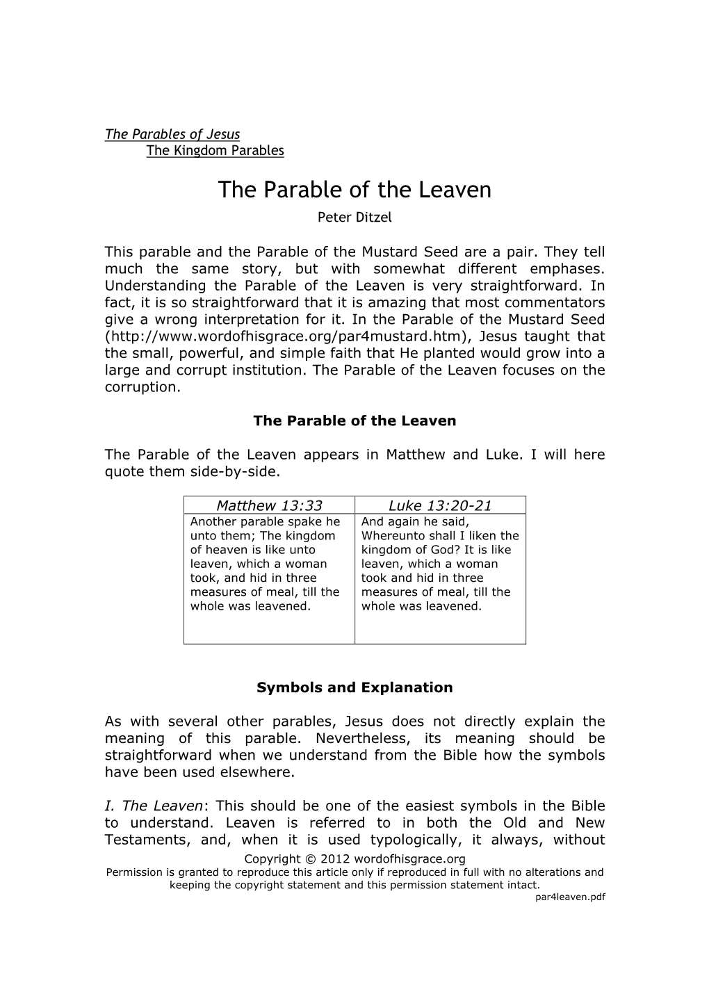 The Parable of the Leaven Peter Ditzel