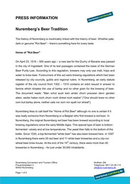 PRESS INFORMATION Nuremberg's Beer Tradition