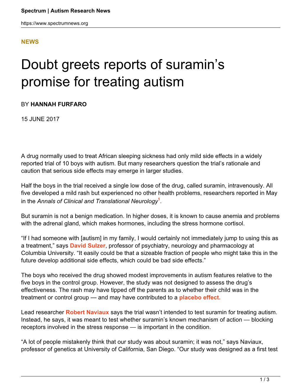 Doubt Greets Reports of Suramin's Promise for Treating Autism