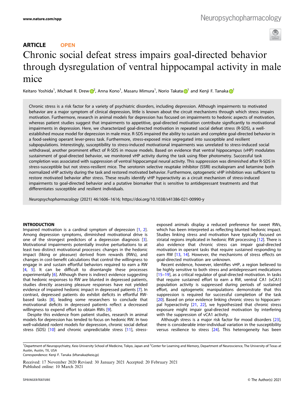 Chronic Social Defeat Stress Impairs Goal-Directed Behavior Through Dysregulation of Ventral Hippocampal Activity in Male Mice