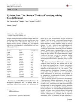 Hjalmar Fors, the Limits of Matter—Chemistry, Mining & Enlightenment