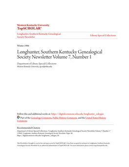 Longhunter, Southern Kentucky Genealogical Society Newsletter Volume 7, Number 1 Department of Library Special Collections Western Kentucky University, Spcol@Wku.Edu