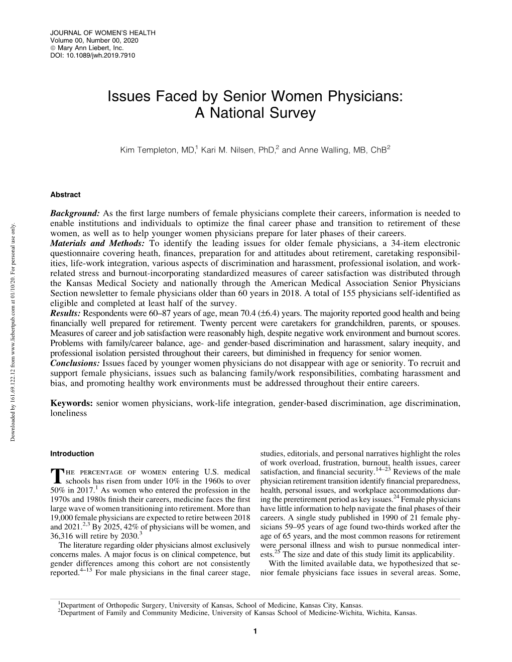 Issues Faced by Senior Women Physicians: a National Survey