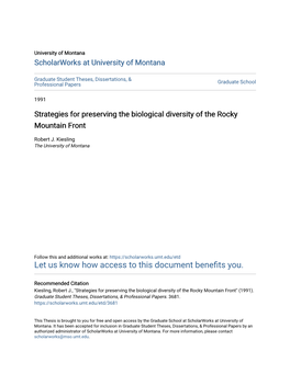 Strategies for Preserving the Biological Diversity of the Rocky Mountain Front