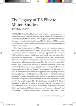 The Legacy of Tseliot to Milton Studies