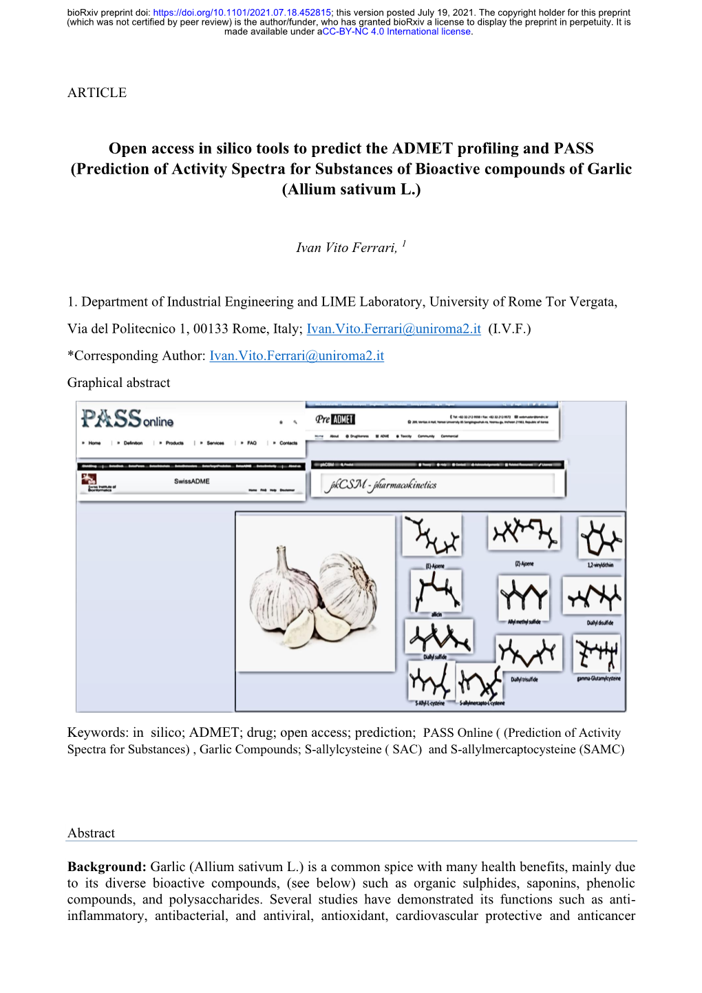 Prediction of Activity Spectra for Substances of Bioactive Compounds of Garlic (Allium Sativum L.)