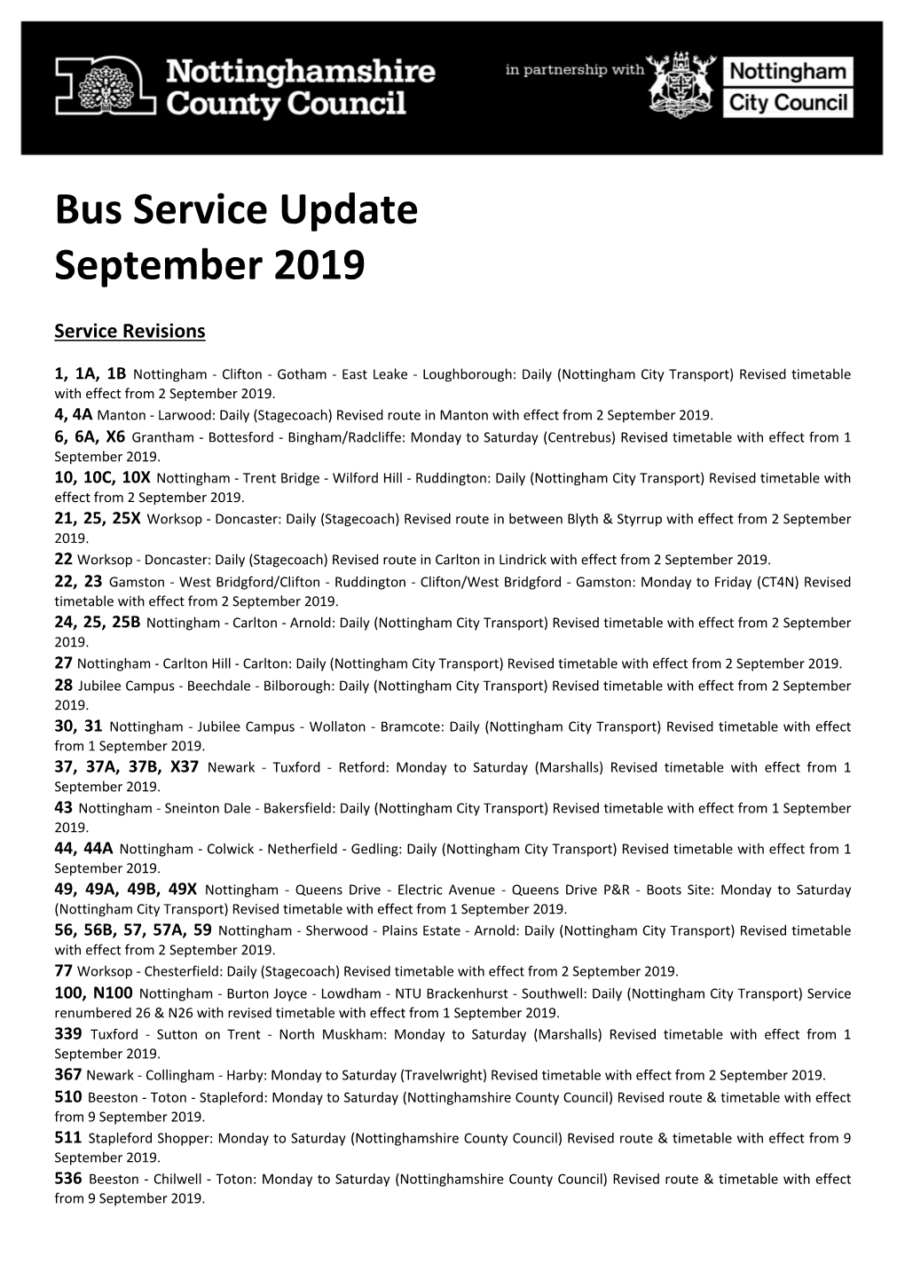 Bus Service Update September 2019