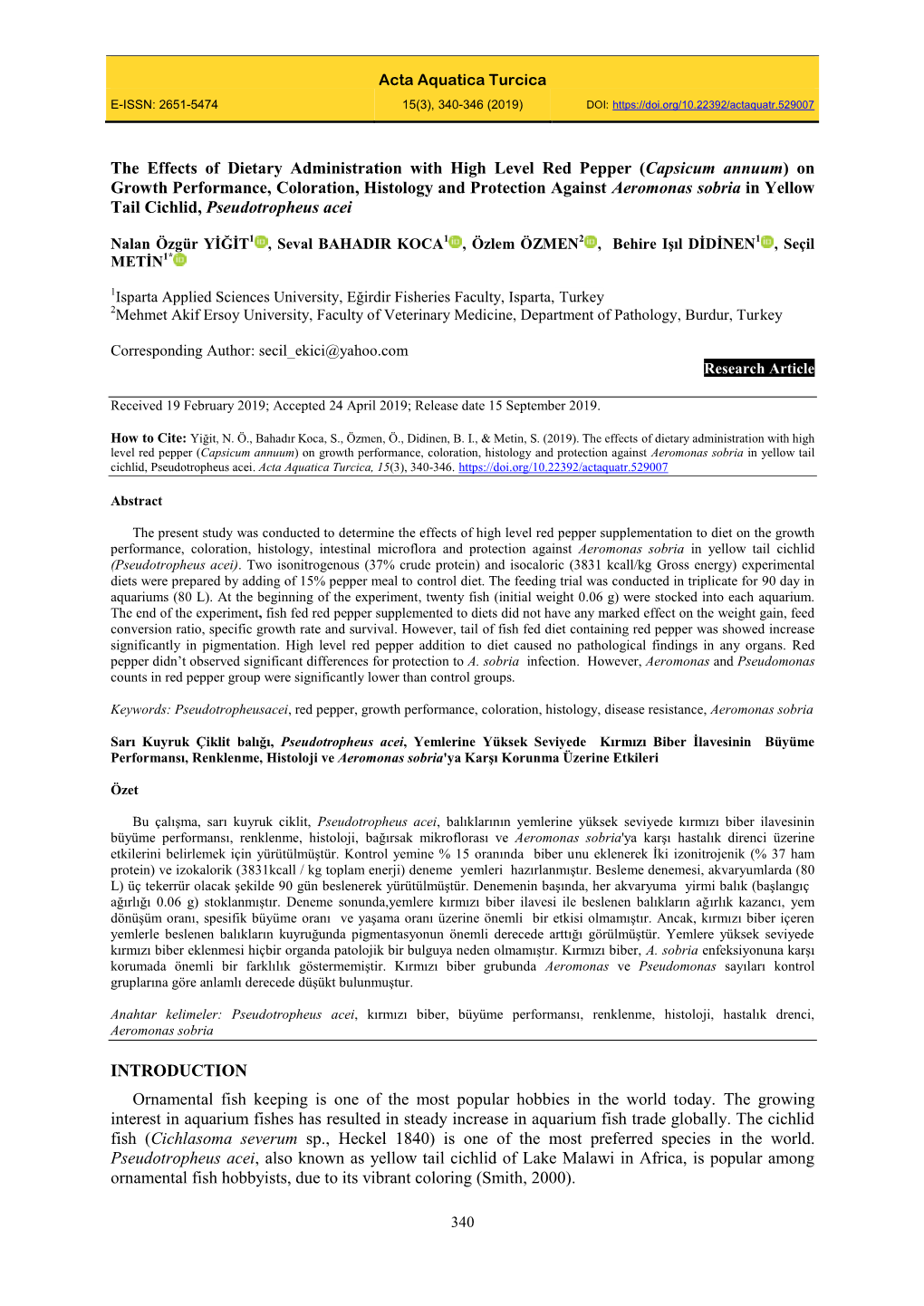 Capsicum Annuum) on Growth Performance, Coloration, Histology and Protection Against Aeromonas Sobria in Yellow Tail Cichlid, Pseudotropheus Acei