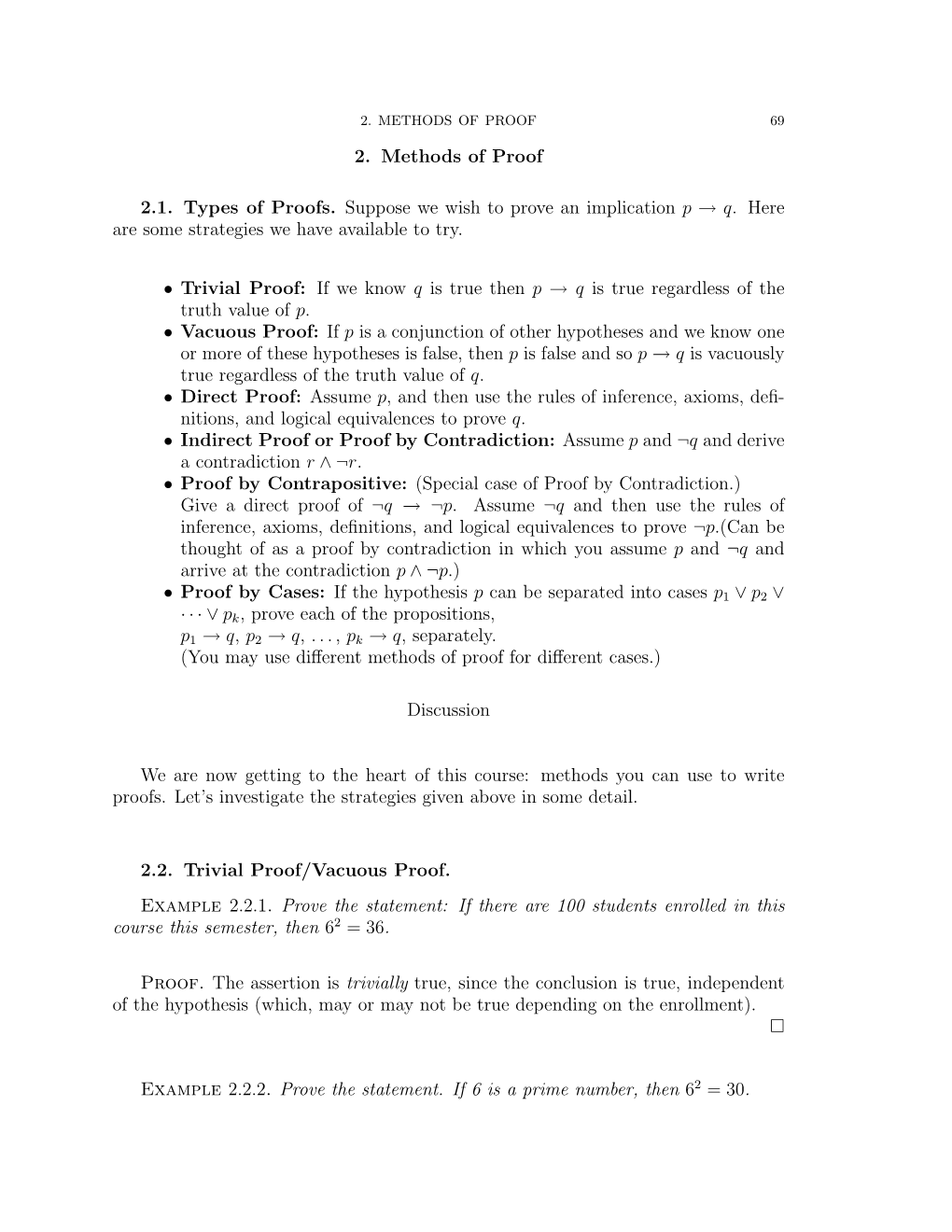 2. Methods of Proof 2.1. Types of Proofs. Suppose We Wish to Prove