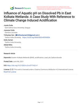 Influence of Aquatic Ph on Dissolved Pb in East Kolkata Wetlands: A