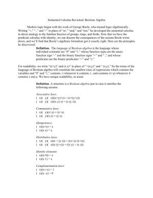 Sentential Calculus Revisited: Boolean Algebra