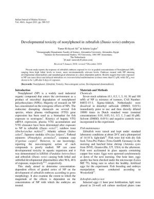 Developmental Toxicity of Nonylphenol in Zebrafish (Danio Rerio) Embryos
