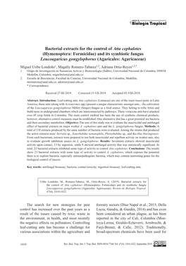 Bacterial Extracts for the Control of Atta Cephalotes (Hymenoptera: Formicidae) and Its Symbiotic Fungus Leucoagaricus Gongylophorus (Agaricales: Agaricaceae)