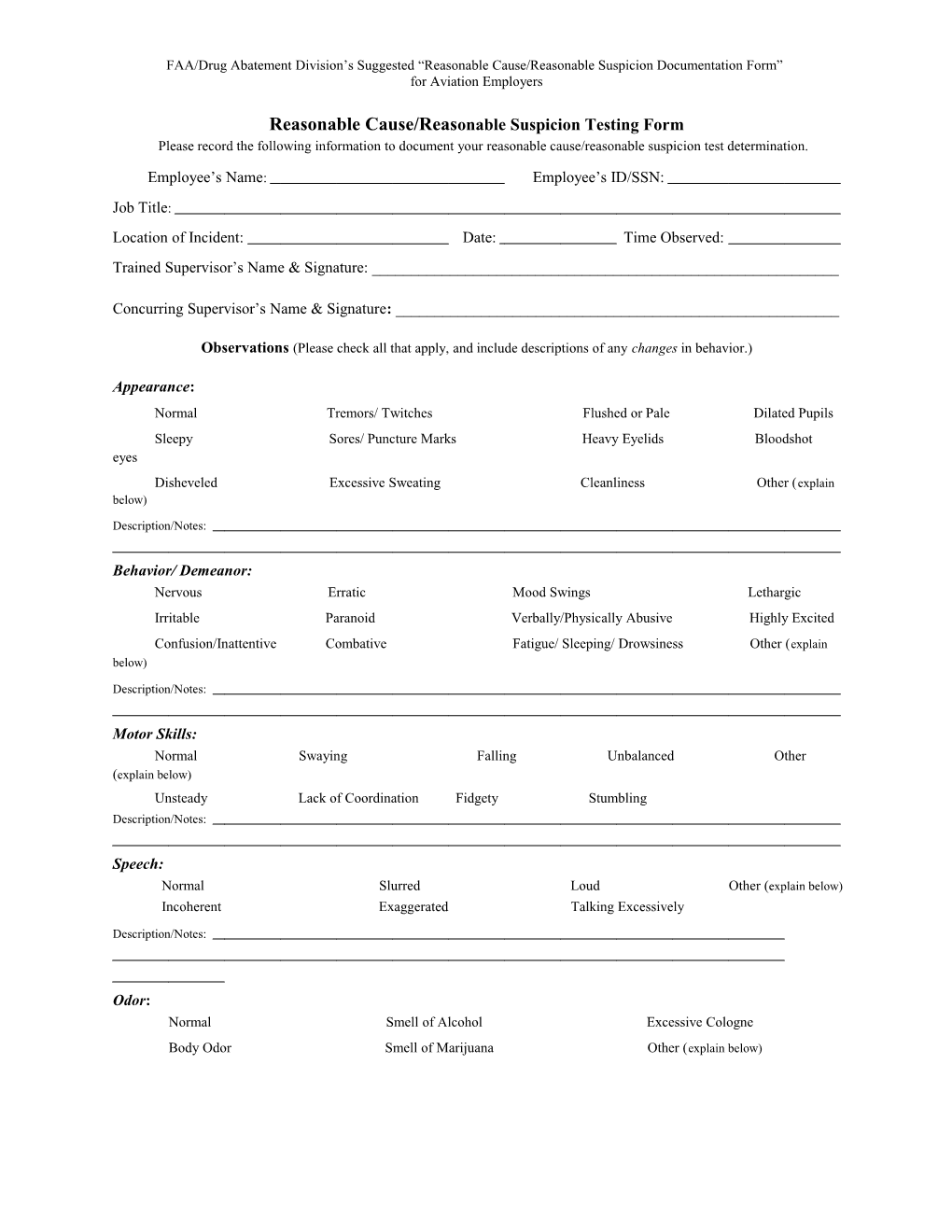 Reasonable Cause/Reasonable Suspicion Testing Form