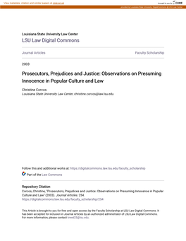 Prosecutors, Prejudices and Justice: Observations on Presuming Innocence in Popular Culture and Law