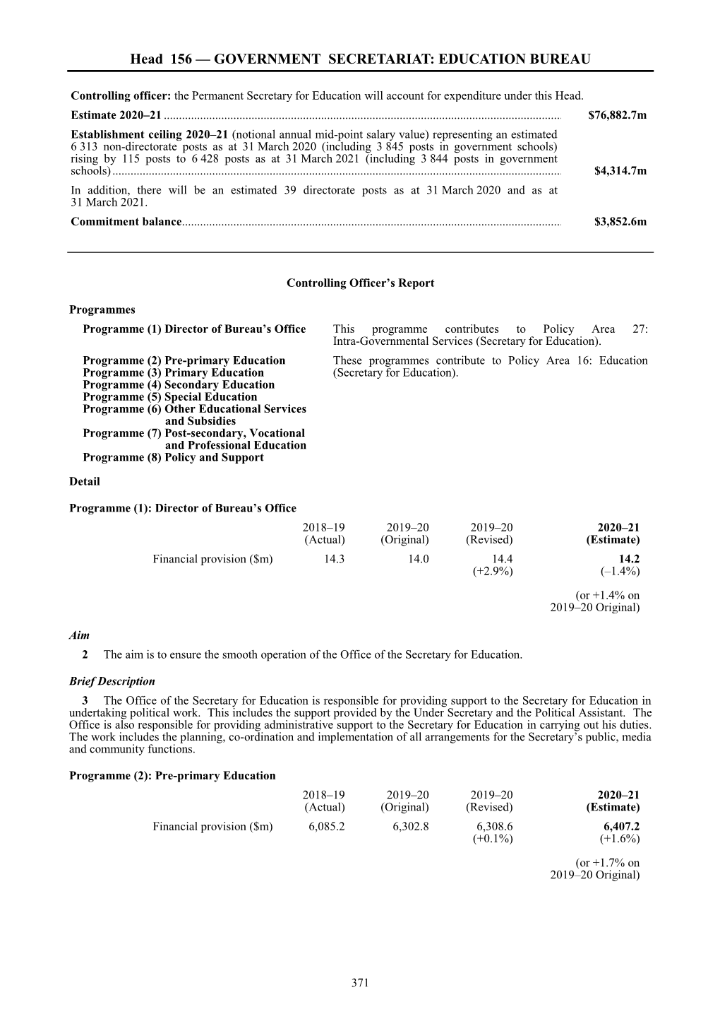 Head 156 — GOVERNMENT SECRETARIAT: EDUCATION BUREAU