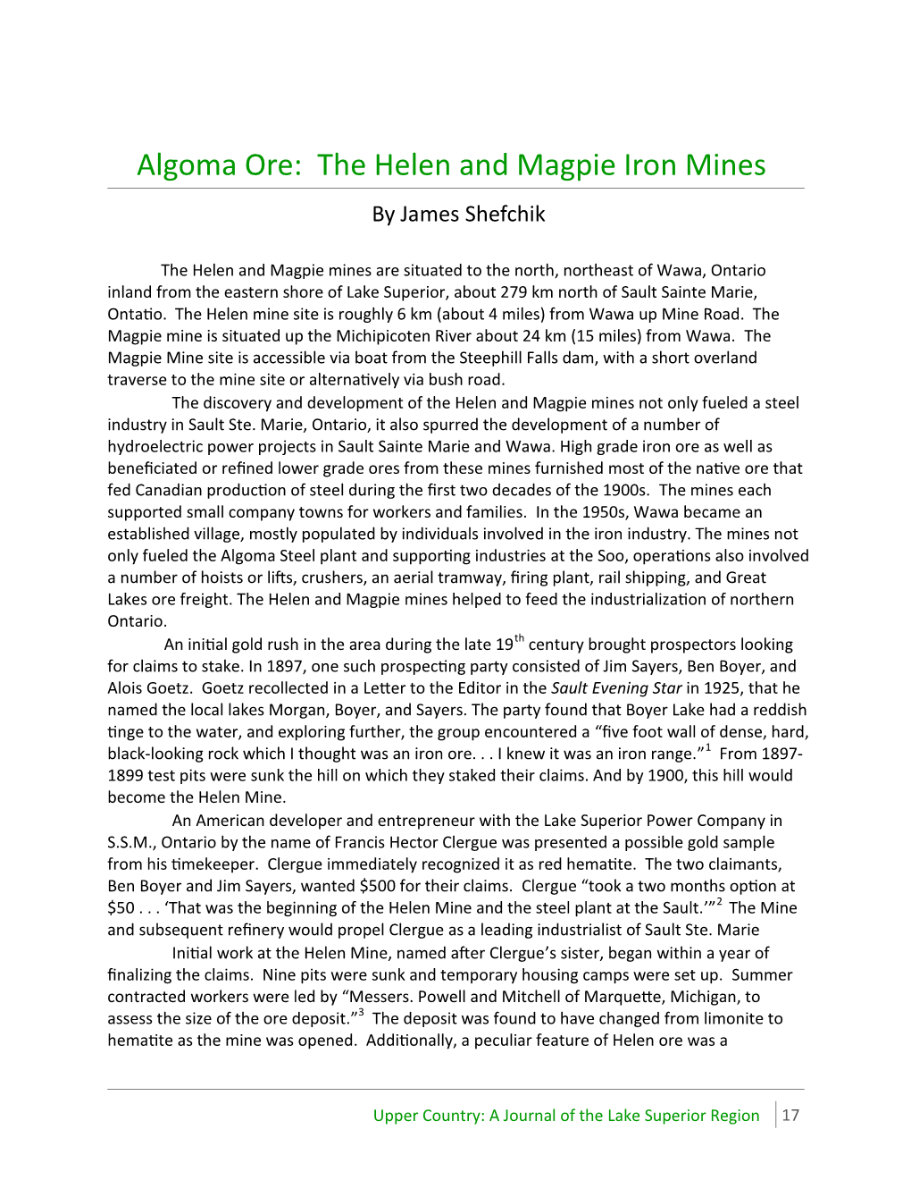 Algoma Ore: the Helen and Magpie Iron Mines by James Shefchik