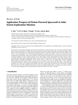 Review Article Application Prospect of Fission-Powered Spacecraft in Solar System Exploration Missions