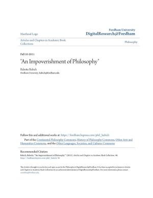 "An Impoverishment of Philosophy" Babette Babich Fordham University, Babich@Fordham.Edu
